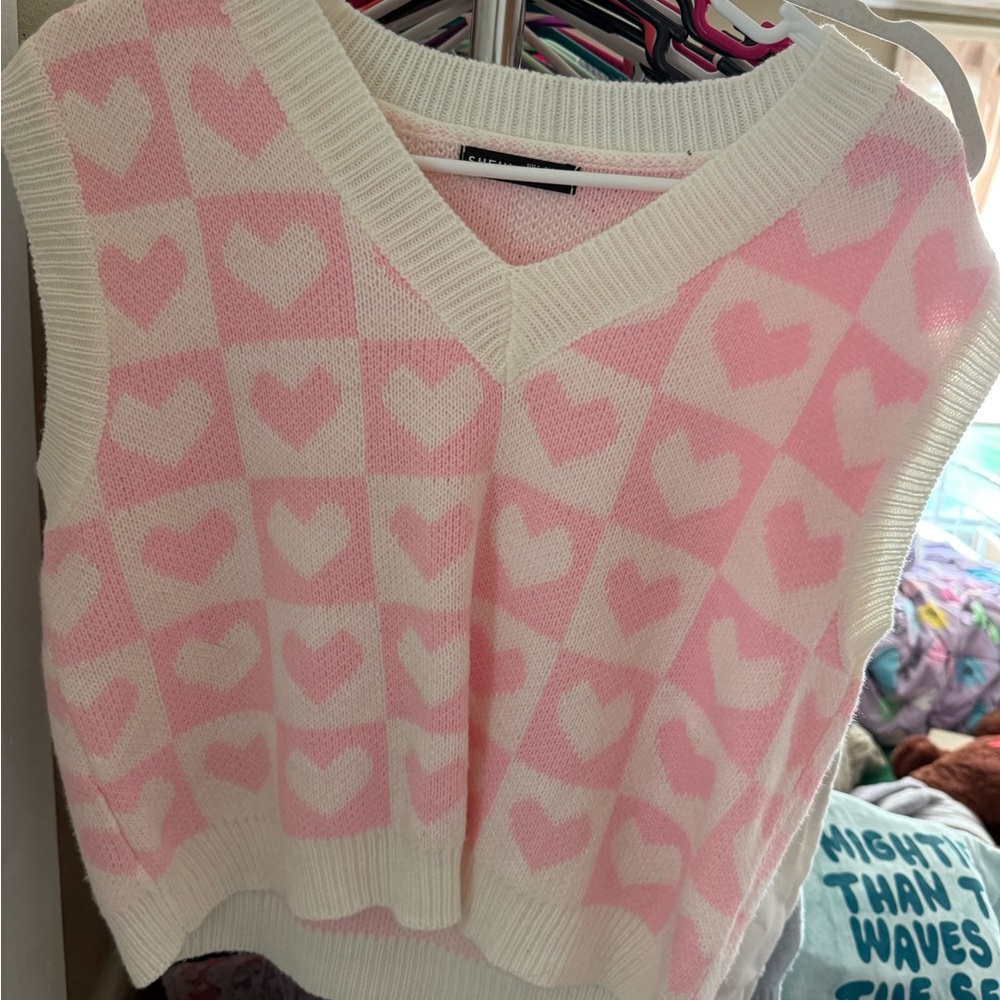 Pink and White Heart Pattern Sweater Vest